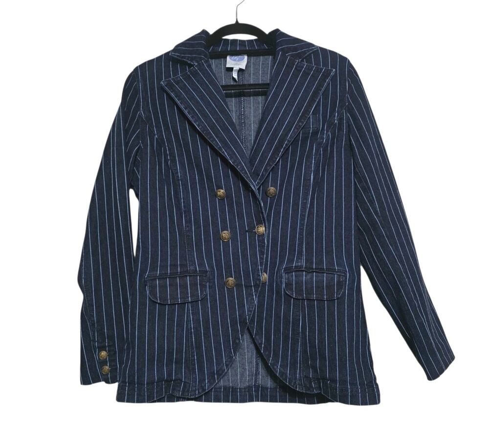 Vtg Pinstripe Denim Blazer Jacket Womens S Dark Wash Canadian Tuxedo Y2K Coastal